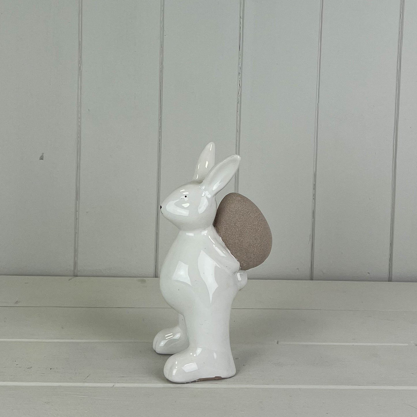 Small Ceramic White Rabbit Holding Egg