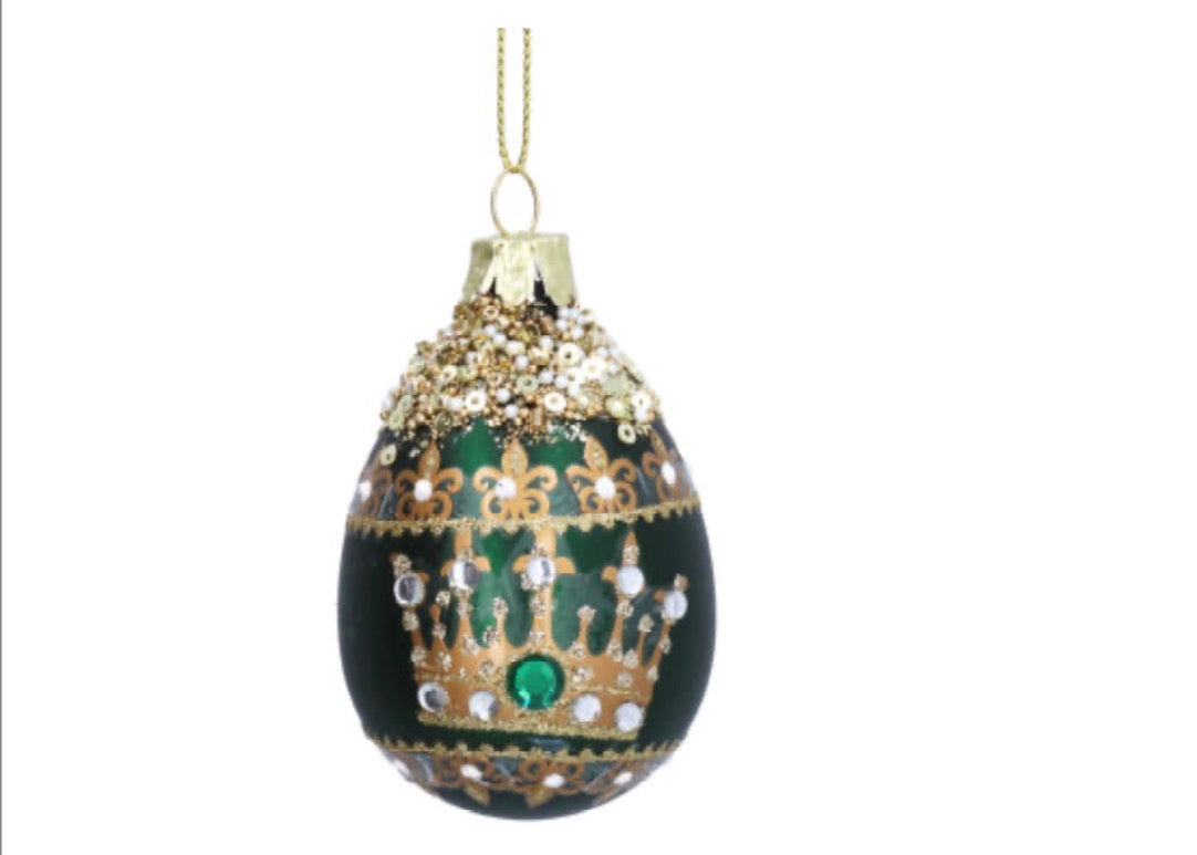 Gisela Graham Matt Green Crown & Jewels Glass Egg 6cm