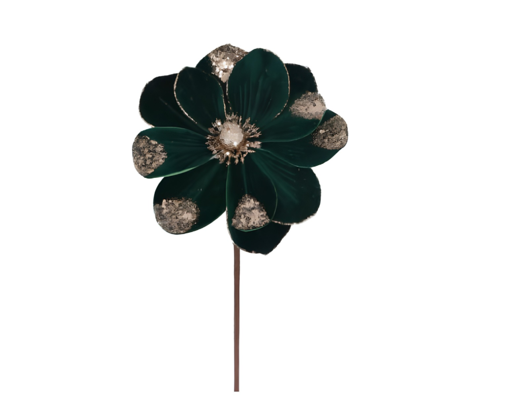 Gisela Graham Green Velvet Magnolia with Gold Glitter Stem