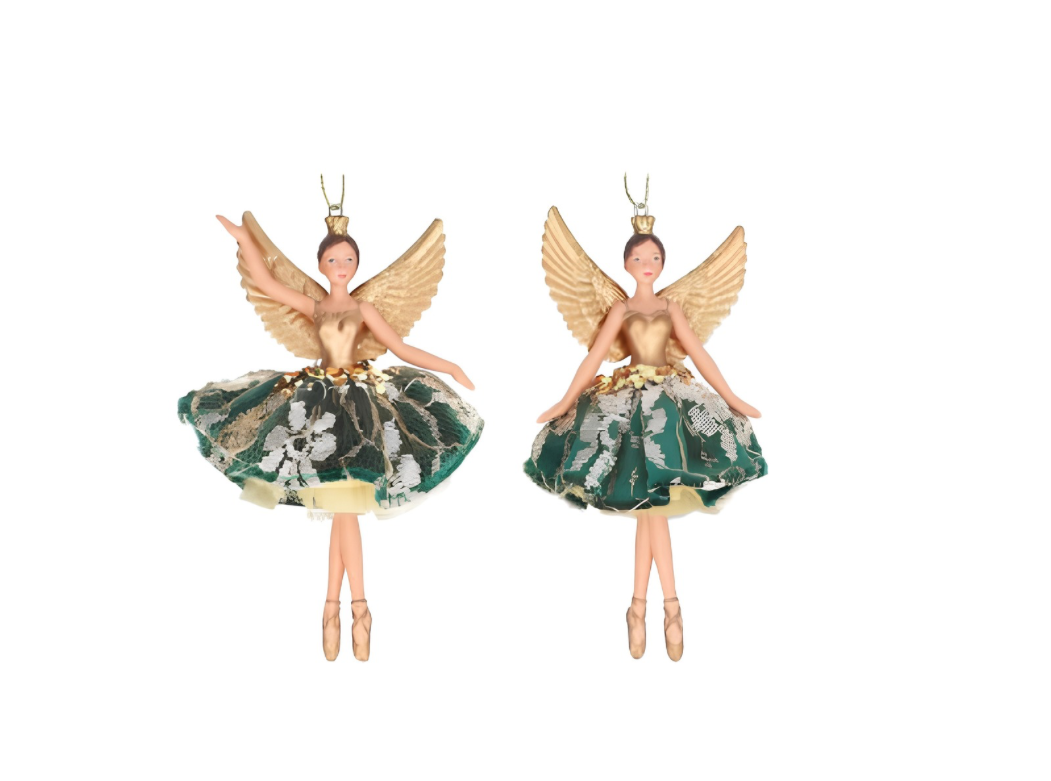 Gisela Graham Resin/Velvet/Lace Fairy Dec - Green/Gold