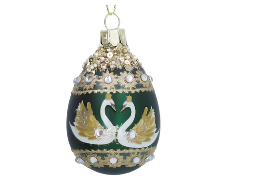 Gisela Graham Glass Egg, 7cm - Dark Green/Swans