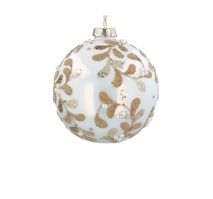 Gisela Graham Glass Bauble 10cm - Cream w Gold Beaded Vines
