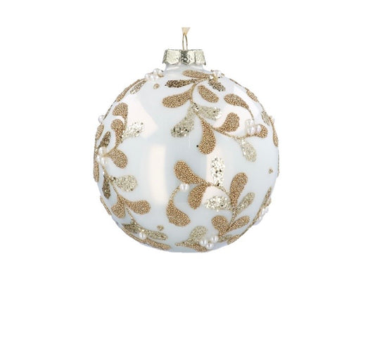 Gisela Graham Glass Bauble 10cm - Cream w Gold Beaded Vines