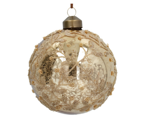 Gisela Graham Glass Ball, 10cm - Antique Gold/Beaded Trellis