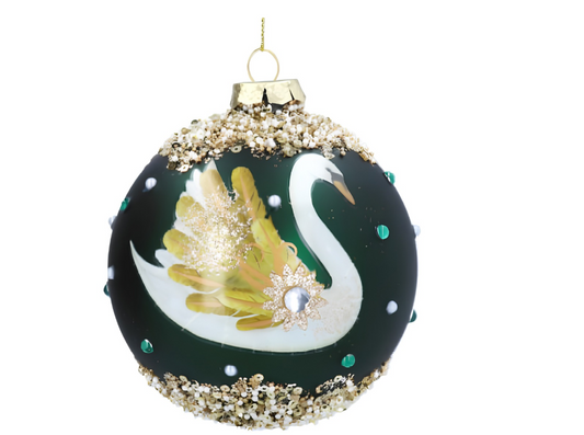 Gisela Graham Glass Ball, 10cm - Matte Green/Jewels - Swan