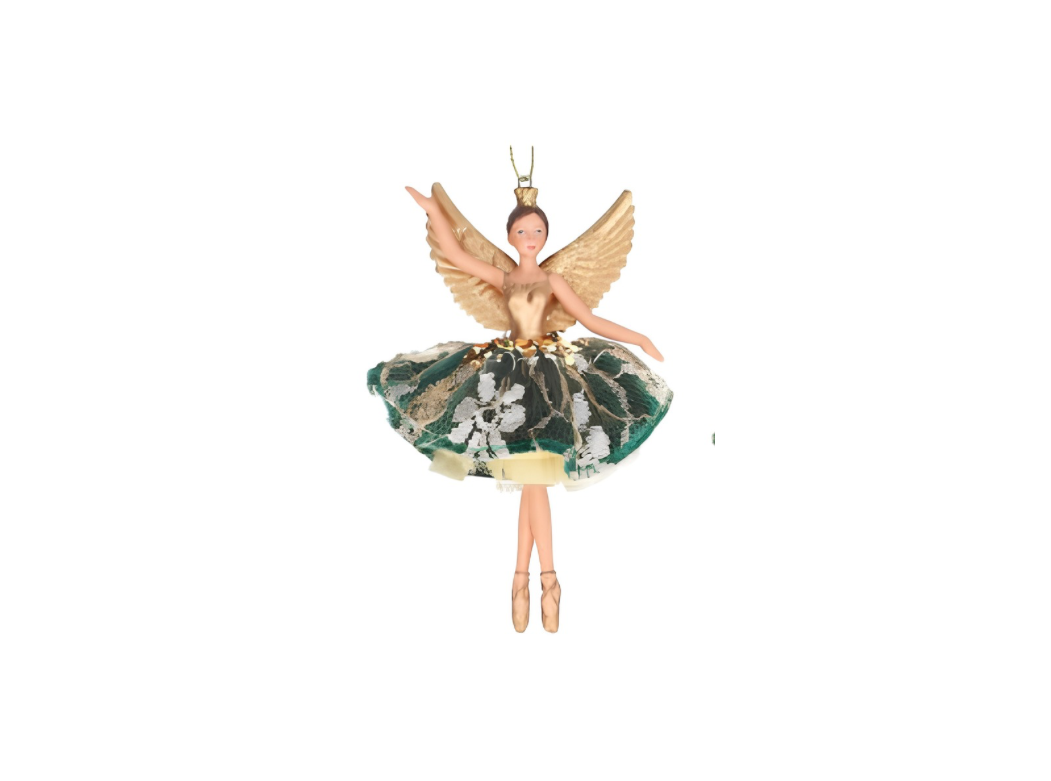 Gisela Graham Resin/Velvet/Lace Fairy Dec - Green/Gold