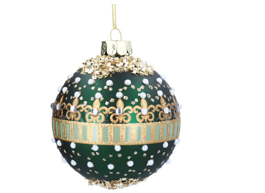 Gisela Graham Glass Ball, 8cm - Matte Green/Pearls & Jewels