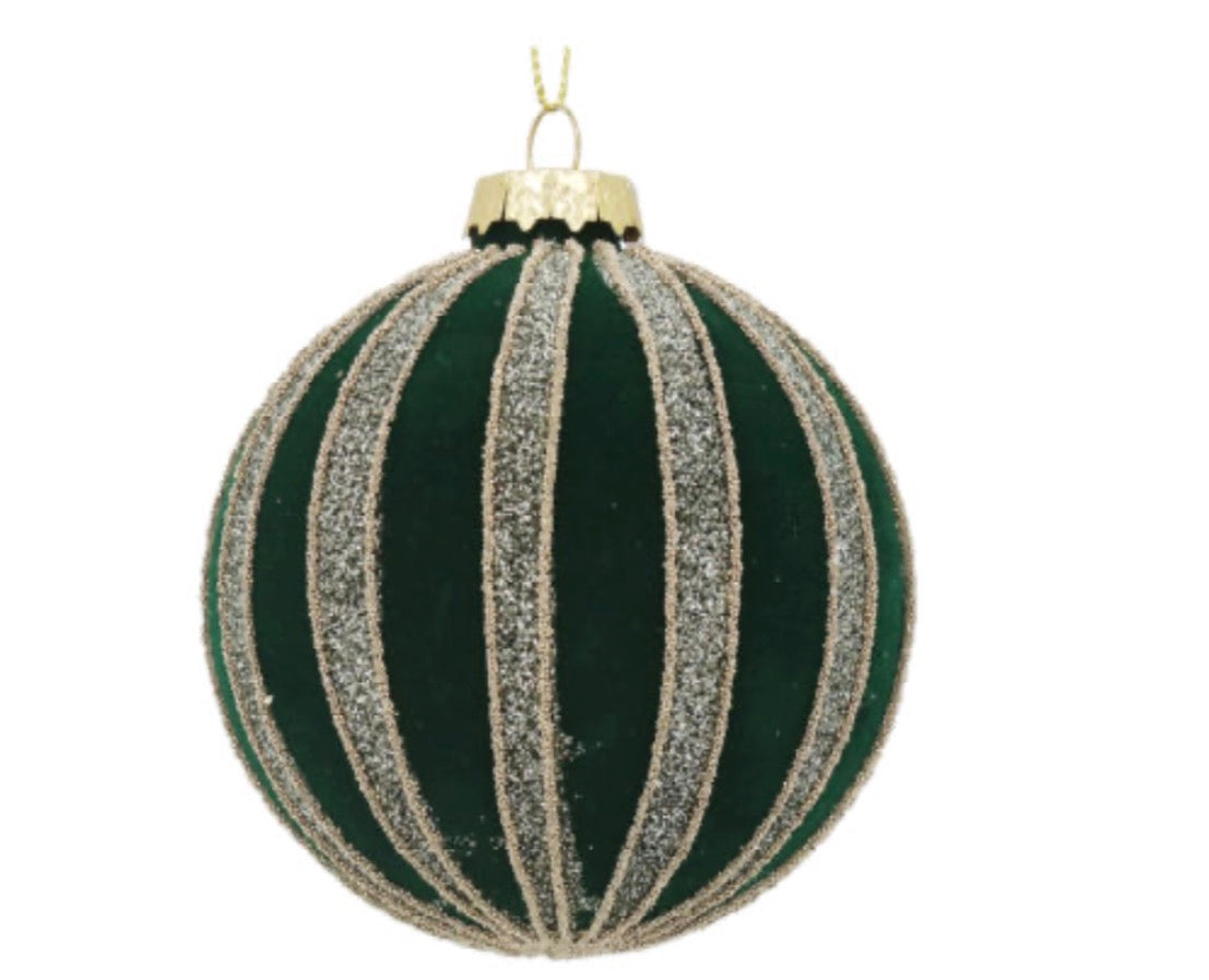 Gisela Graham Green Flock Glass Ball with Gold Glitter Stripes