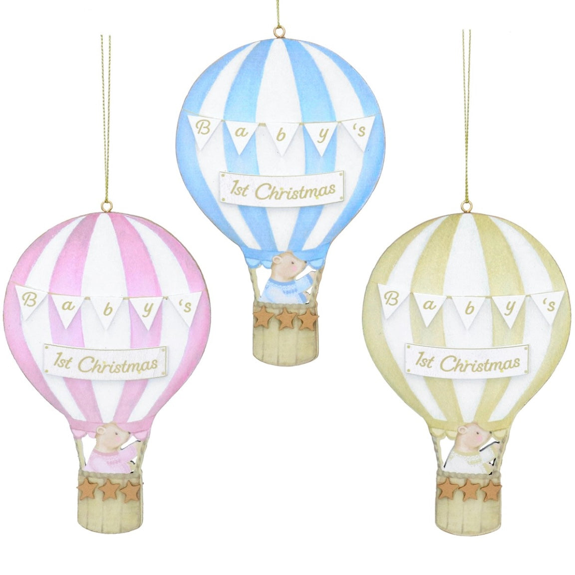 Gisela Graham Baby's First Christmas Teddy on Balloon Wood Dec 14cm