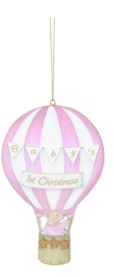 Gisela Graham Baby's First Christmas Teddy on Balloon Wood Dec 14cm