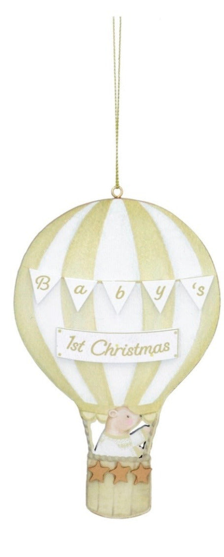 Gisela Graham Baby's First Christmas Teddy on Balloon Wood Dec 14cm
